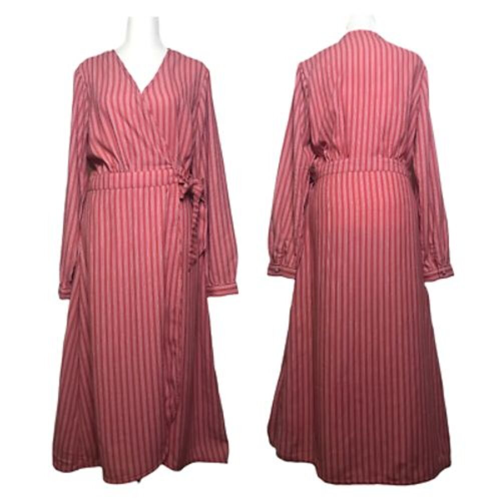 Time And Tru Dress Womens Medium Pink Coral Striped True Wrap V Neck Maxi